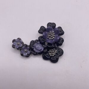 Vintage Pin Brooch Floral Enameled Purple and Black and Silver Centers E2